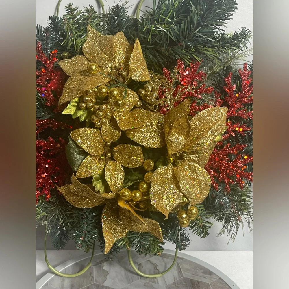 Glitter Gold Poinsettia Christmas Sleigh Decor Red Green Faux Pine Holiday
